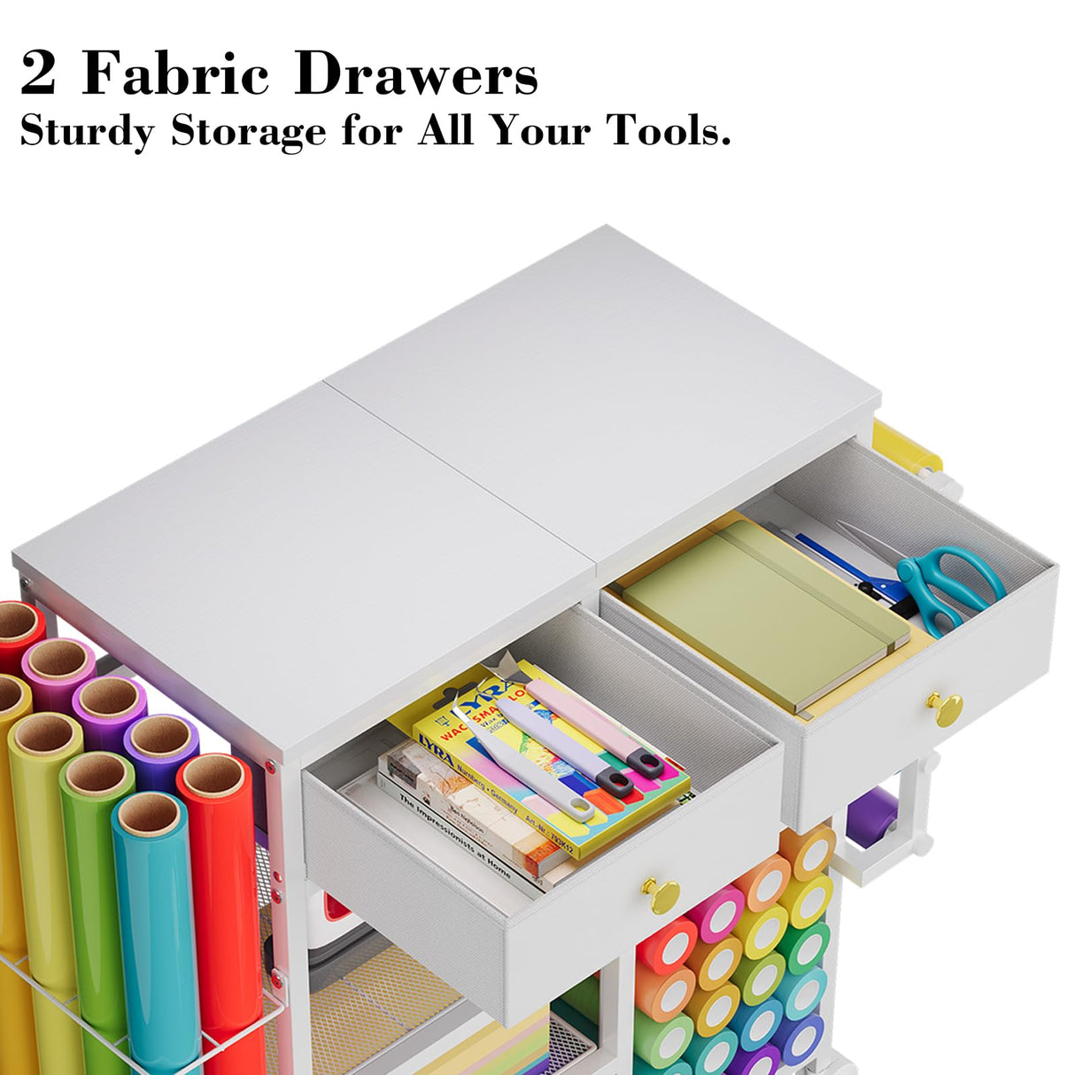 Large Craft Wrapping Paper Organizers Cart, Rolling DIY Storage for Birthday & Holiday with 2 Fabric Drawers, Lockable Wheels Cart for Vinyl Roll, Paints, Craft Supplies, Multi-Tier Craft Tape Holder Lyuwanxian