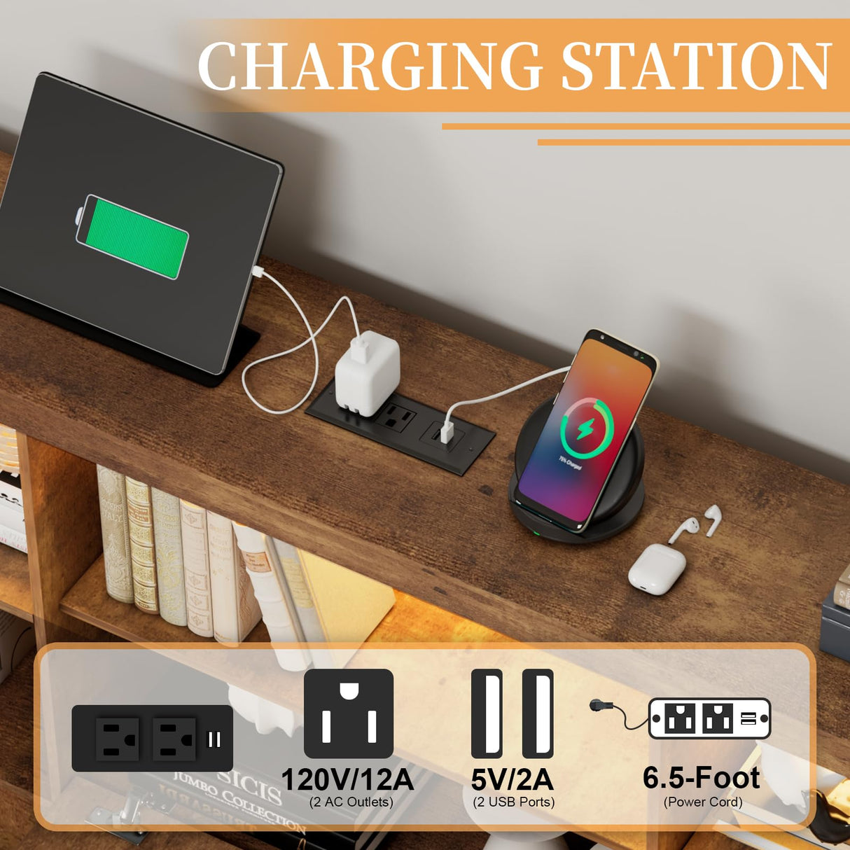 LUXOAK Rustic Brown Full Size Bed Frame with LED Bookcase Headboard, Charging Station & 4 Drawers – No Box Spring Needed LUXOAK