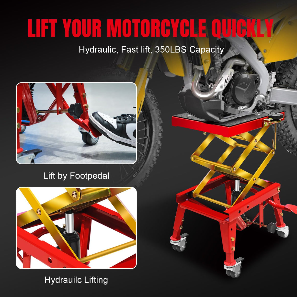 Jack Boss 350 Lbs Motorcycle Lift Jack Table, Hydraulic Foot-Operated Scissor Lift Jack for ATV Dirt Bike, Motorcycle Stand with 4 Wheels Jack Boss