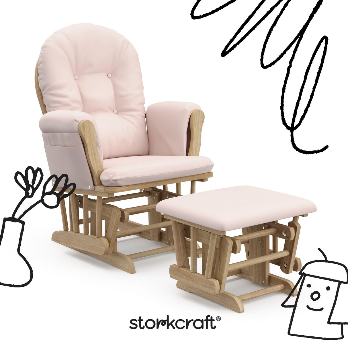 Storkcraft Premium Hoop Glider & Ottoman (Natural/Pink) — GREENGUARD Gold Certified Nursery Glider, Solid Wood Craftsmanship, Smooth-Gliding Nursery Chair and Ottoman, Award-Winning Storkcraft