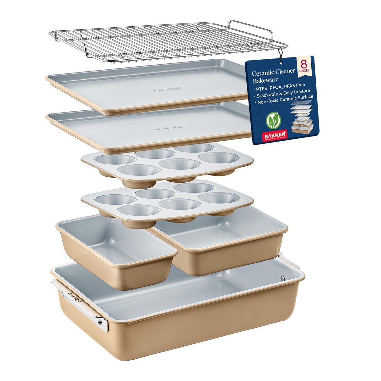 Bakken 8-Piece Stackable Bakeware Set – Ceramic Non-Stick, Oven-Safe Baking Sheets & Pans, PTFE/PFOA/PFOS-Free, Ergonomic Handles, Includes Cooling Rack – Healthy, Non-Toxic Baking Essentials BAKKENMASTER