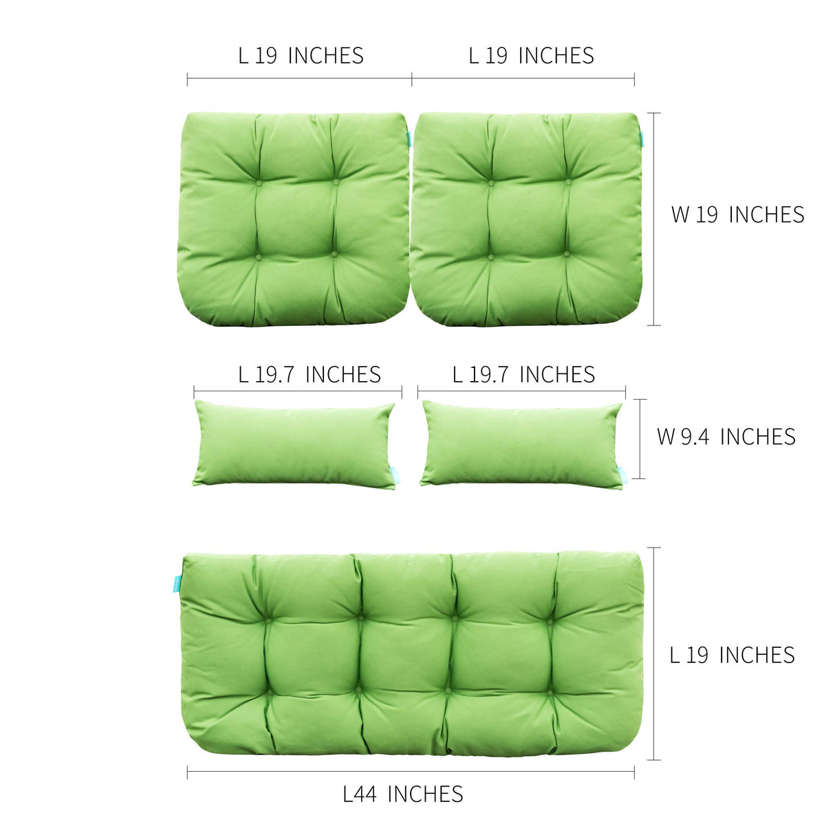 QILLOWAY Patio Cushions, 5 Piece Set - Outdoor Wicker Seat Cushions for Loveseat/Bench, All Weather, Green, Polyester Fill, Medium Firmness, Recyclable QILLOWAY