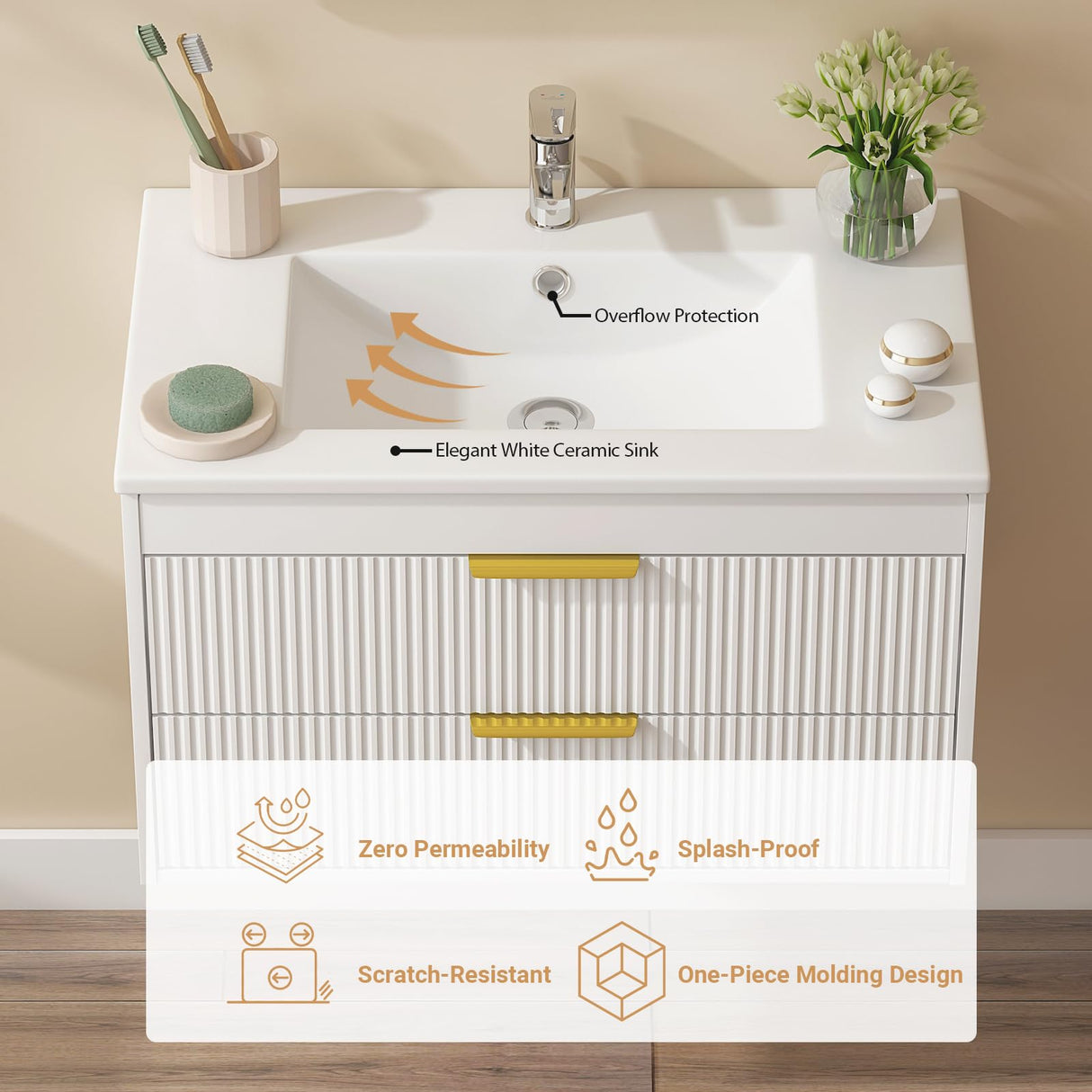 30" Bathroom Vanity Cabinet with Ceramic Sink, Wall-Mounted Floating Vanity, Integrated Sink, 2 Large Storage Drawers, with Sensor LED Light, Metal Handles, for Small Bathroom, Home, Spa, Hotel, White Kikihouse