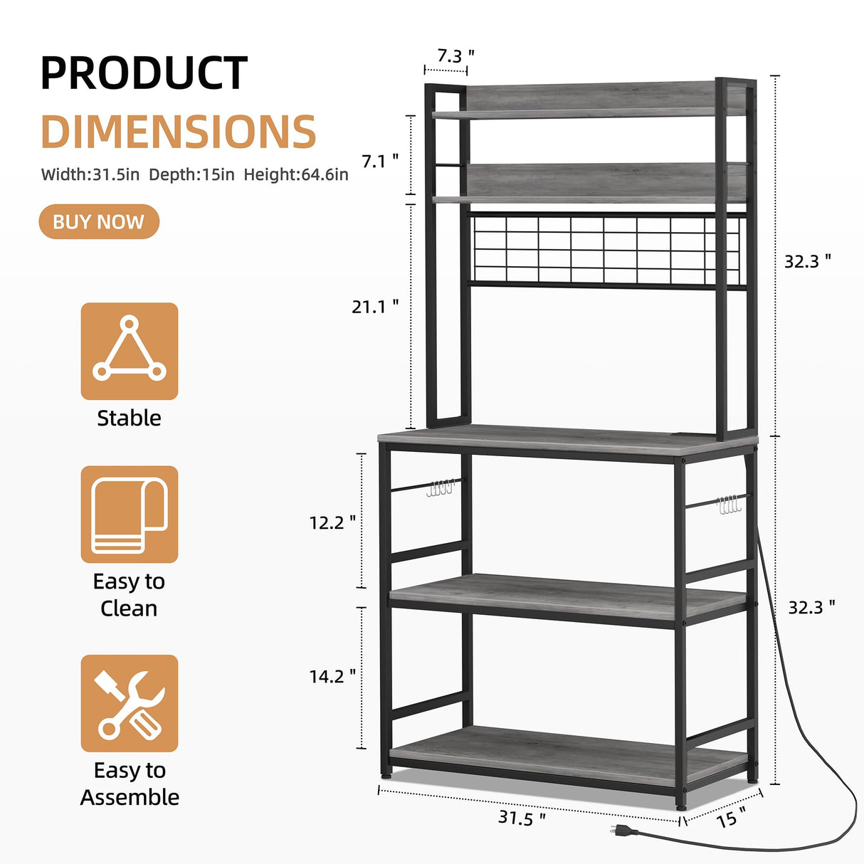 Shintenchi Bakers Rack with Power Outlet, Large Storage Space, 10 Hooks Coffee Bar with Metal Wire Panel, High Microwave Stand, Classic Kitchen Storage Shelf Design, Grey Shintenchi