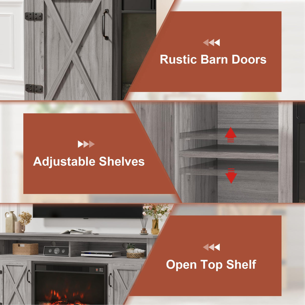 Furmax Farmhouse Fireplace TV Stand for TVs Up to 65 Inch Highboy Entertainment Center with Open Storage and Side Cabinets Rustic Media Console Table with Barn Doors for Living Room (Grey Wash) Furmax