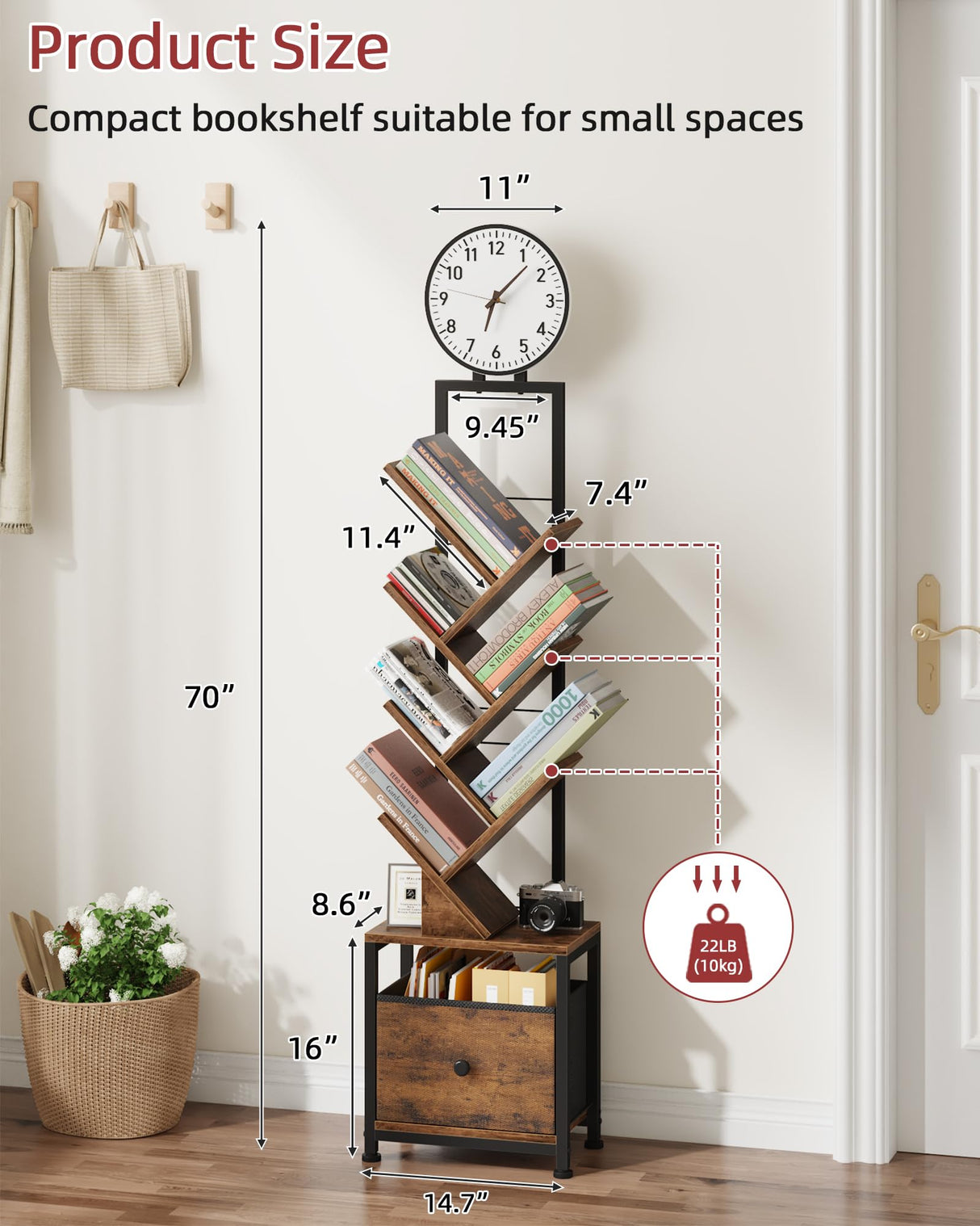HIGDBFE 6 Tier Tree Bookshelf with Clock and Fabric Drawer, Small Narrow Bookcase, Tall Floor Standing Book Shelf for Bedroom, Living Room, Home Office, Rustic Brown HIGDBFE