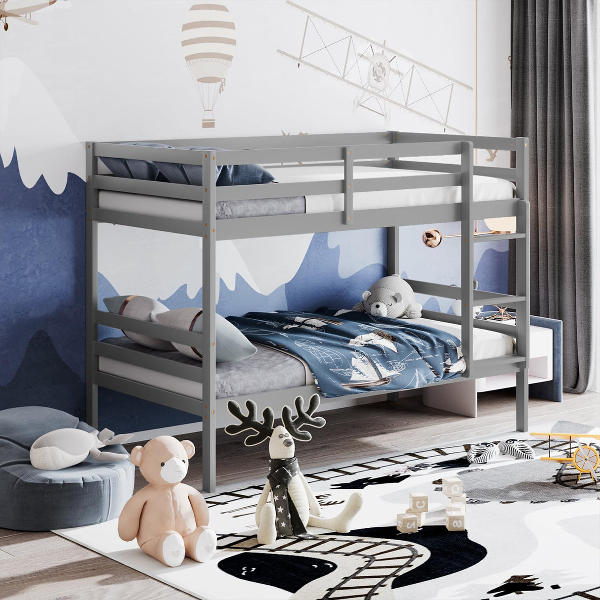 KOMFOTT Wood Bunk Bed Twin Over Twin, Bunk Bed with Ladder & Safety Guardrail, Solid Wood Bed Frame, Ideal for Dormitory & Multiple-Child Family, No Box Spring Needed, Kids Bunk Bed KOMFOTT