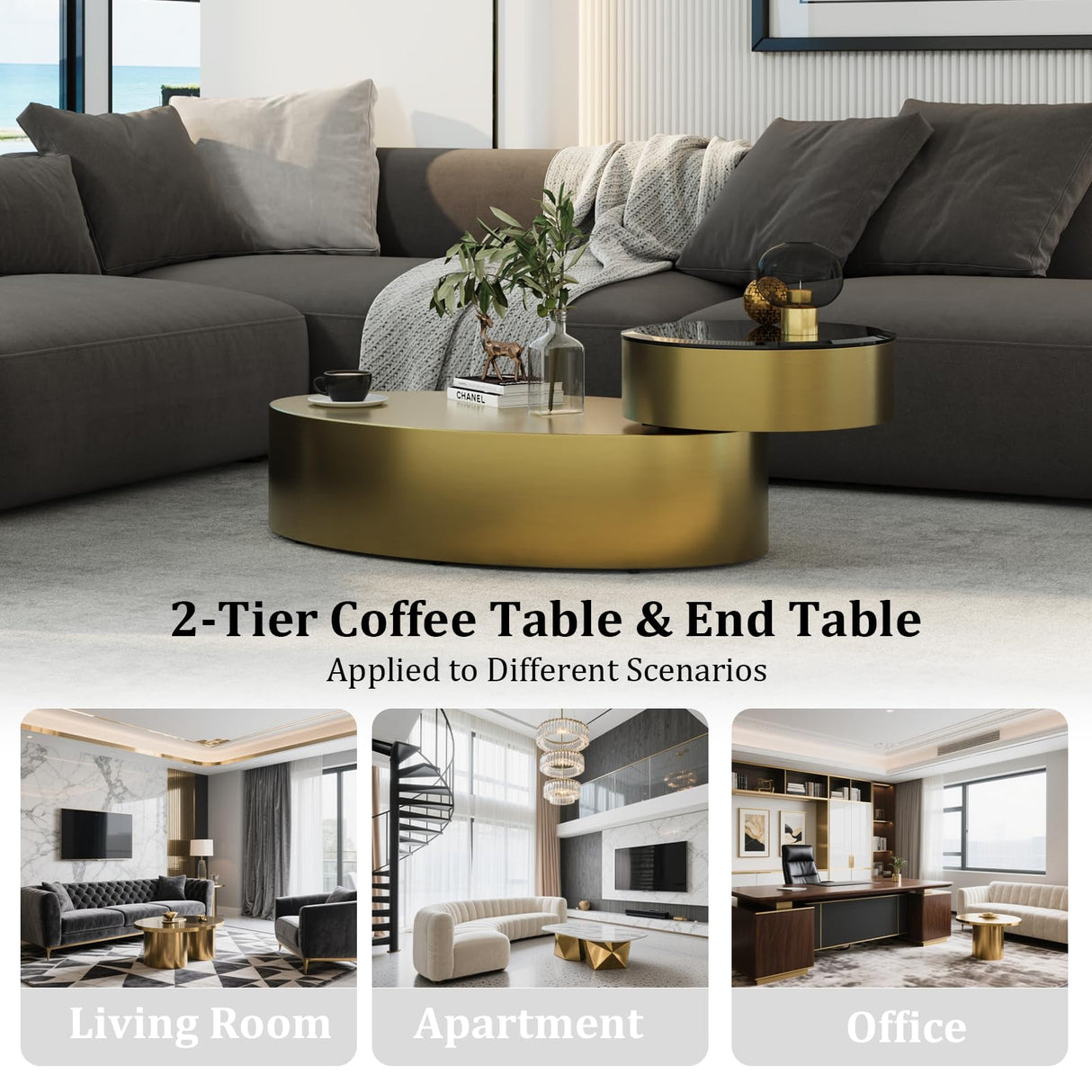 jajaplus Oval Rotating Coffee Table with Tempered Glass Top, 2-Tier Design & 360° Swivel Base, Brushed Gold Finish - Modern Center Table for Living Room, Office, Apartment jajaplus