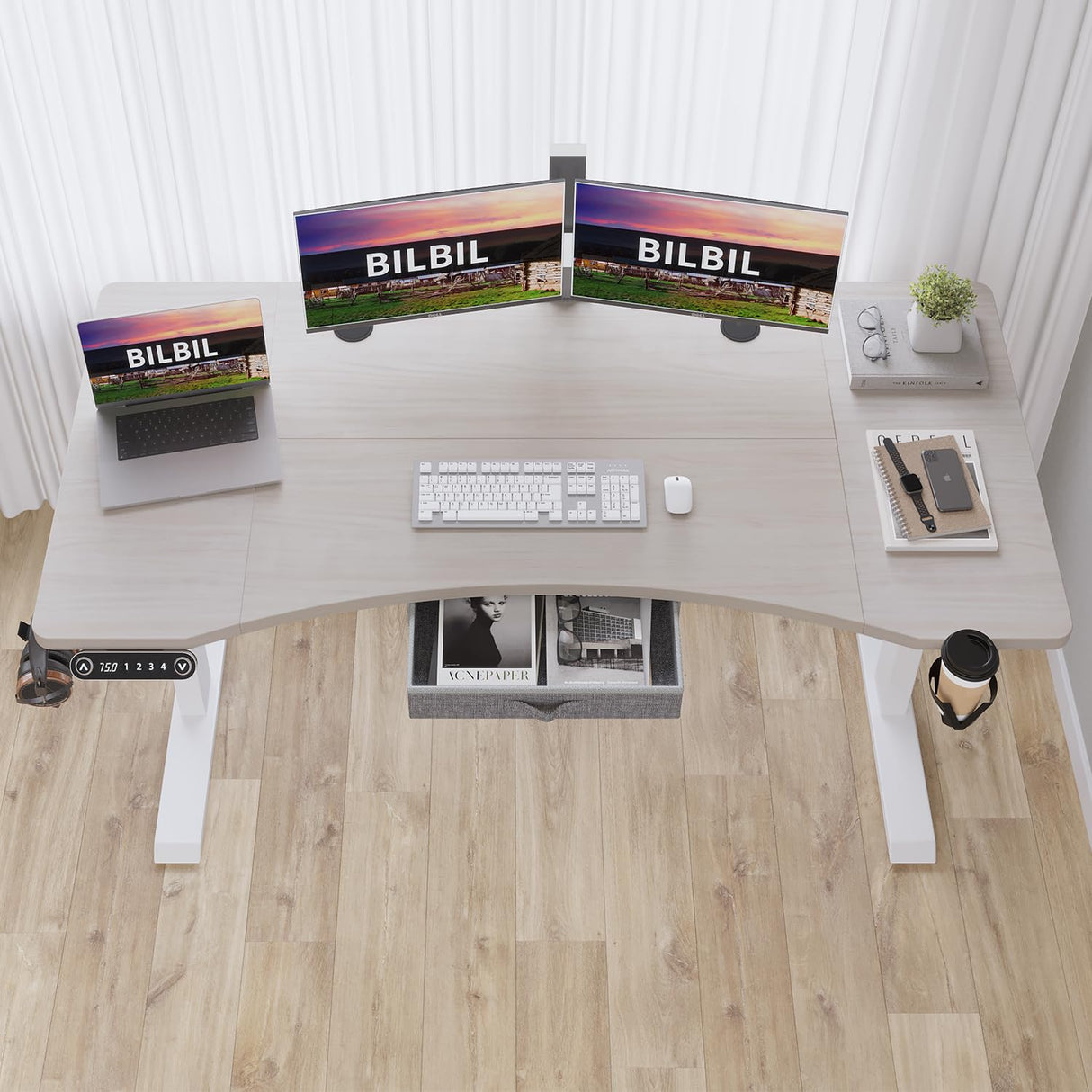 bilbil 63x30 Inches Dual Motor Electric Standing Desk with Drawer, Height Adjustable Sit Stand Up Desk with 4 Splice Boards, Home Office Desk Computer Workstation with Pale Pearwood Top/White Frame bilbil