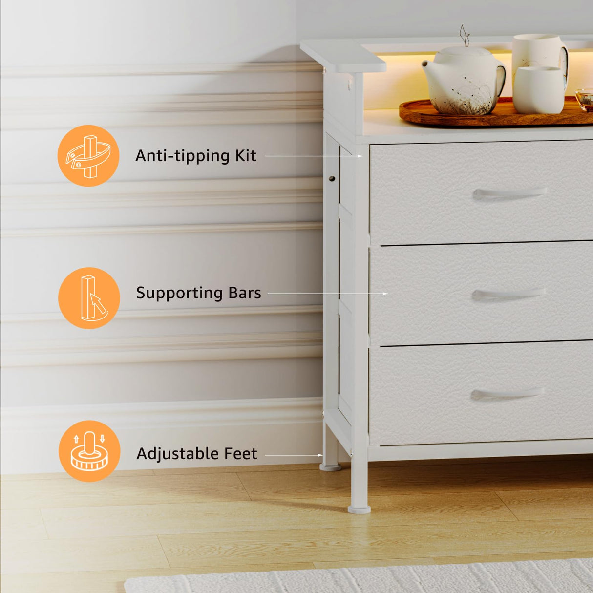 WODRAWER White Dresser for Bedroom with 9 Drawers, Long Dresser TV Stand with LED Lights & Charging Station, Fabric Chests of Drawers for Closet Entryway Living Room WODRAWER