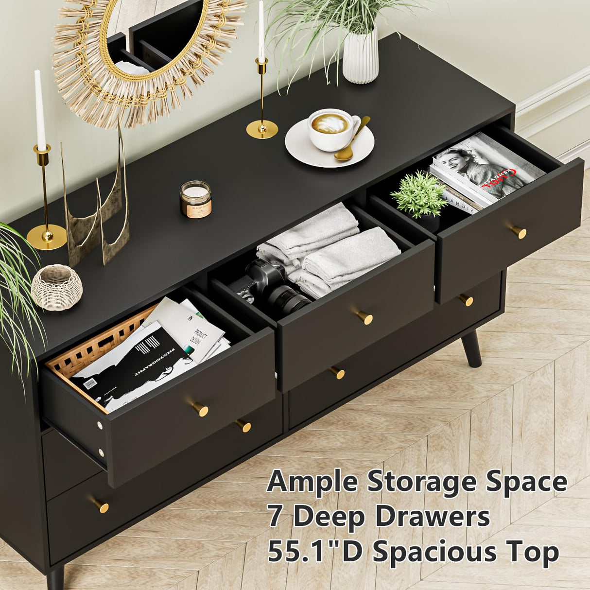 Wananlanen 7 Drawers Dresser for Bedroom, 55'' Dressers & Chests of Drawers with Gold Handles and 7 Large Drawer, Modern Double Wooden Storage Organizer Cabinet, Hallway, Black Wananlanen