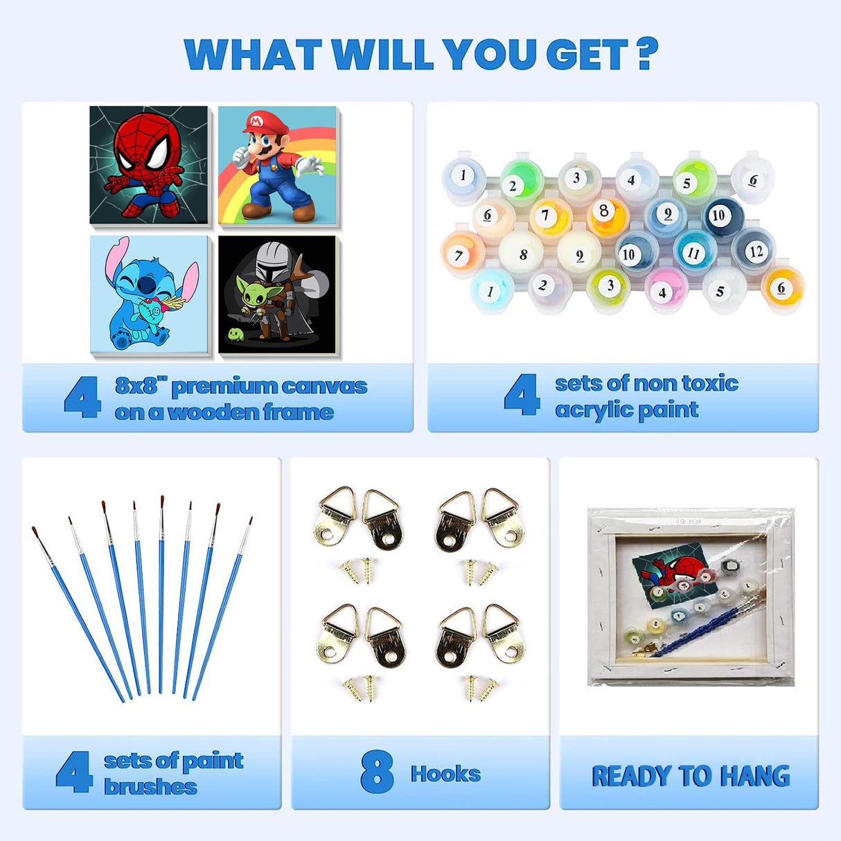 KOJEFCV 4 Pack Cartoon Paint by Number for Kids with Wooden Frame-Paint by Numbers for Kids Ages 4-8-12, DIY Paints with Numbers Easy Acrylic Oil Painting Kits for Home Wall Decor (8X8inch) KOJEFCV