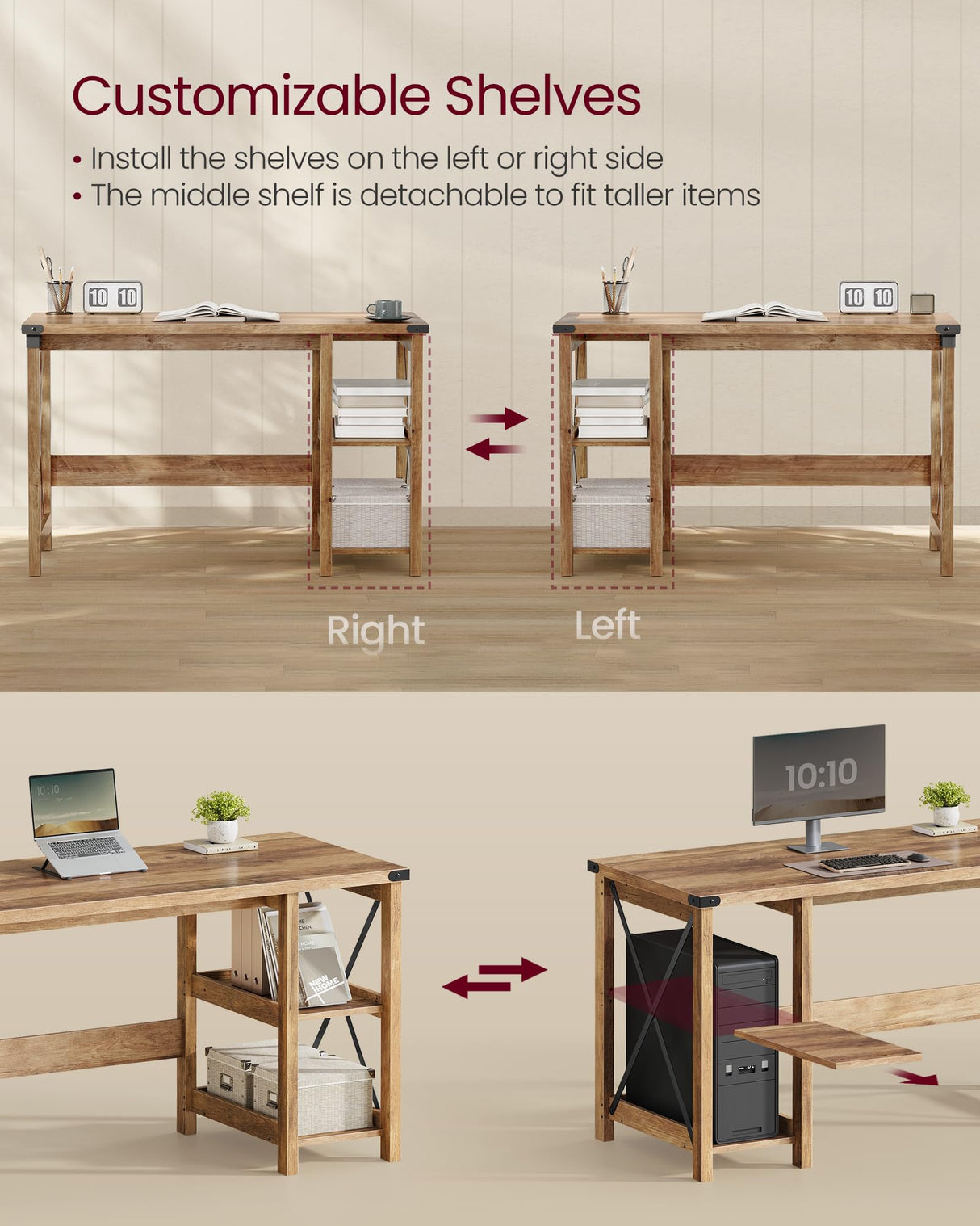 VASAGLE Computer Desk, Home Office Desk with Storage Shelves on Right or Left, Farmhouse, for Work Study Gaming Writing, 23.6 x 47.2 x 29.5 Inches, Honey Brown ULWDAM090T41 VASAGLE