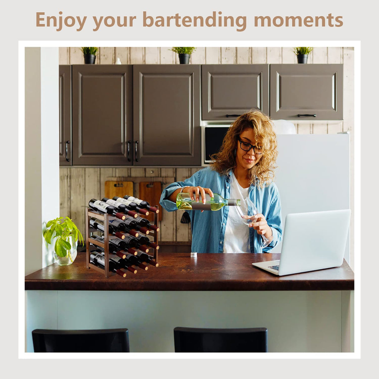 Homevany Bamboo Wine Rack,4 Tier, Wine Bottle Holder, Hold 16 Bottles for Home Kitchen, Dinging Room, Pantry, Cabinet, Bar Homevany