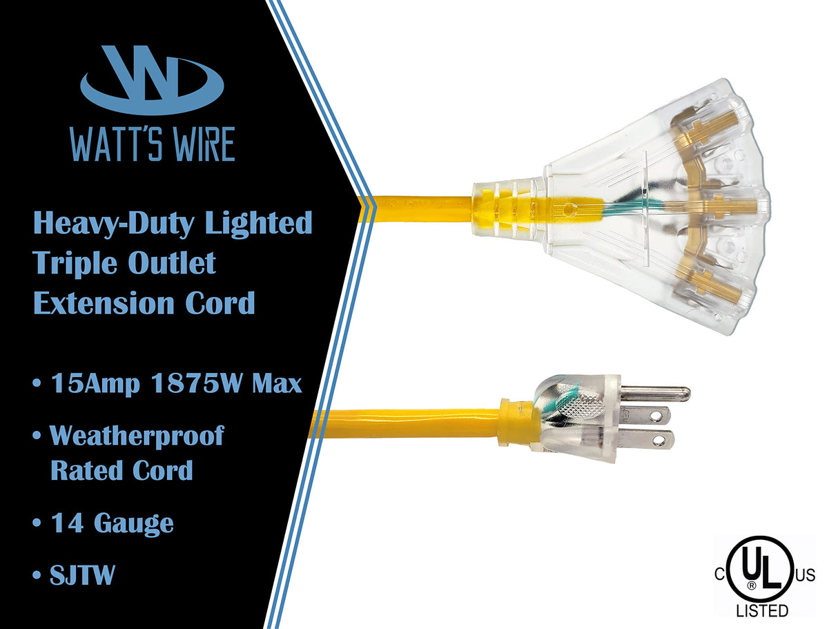 50 ft - 14 Gauge Heavy Duty Extension Cord - 3 Outlet Lighted SJTW - Indoor/Outdoor Extension Cord by Watt's Wire - 50' 14-Gauge Grounded 15 Amp Extension Cord Watt's Wire