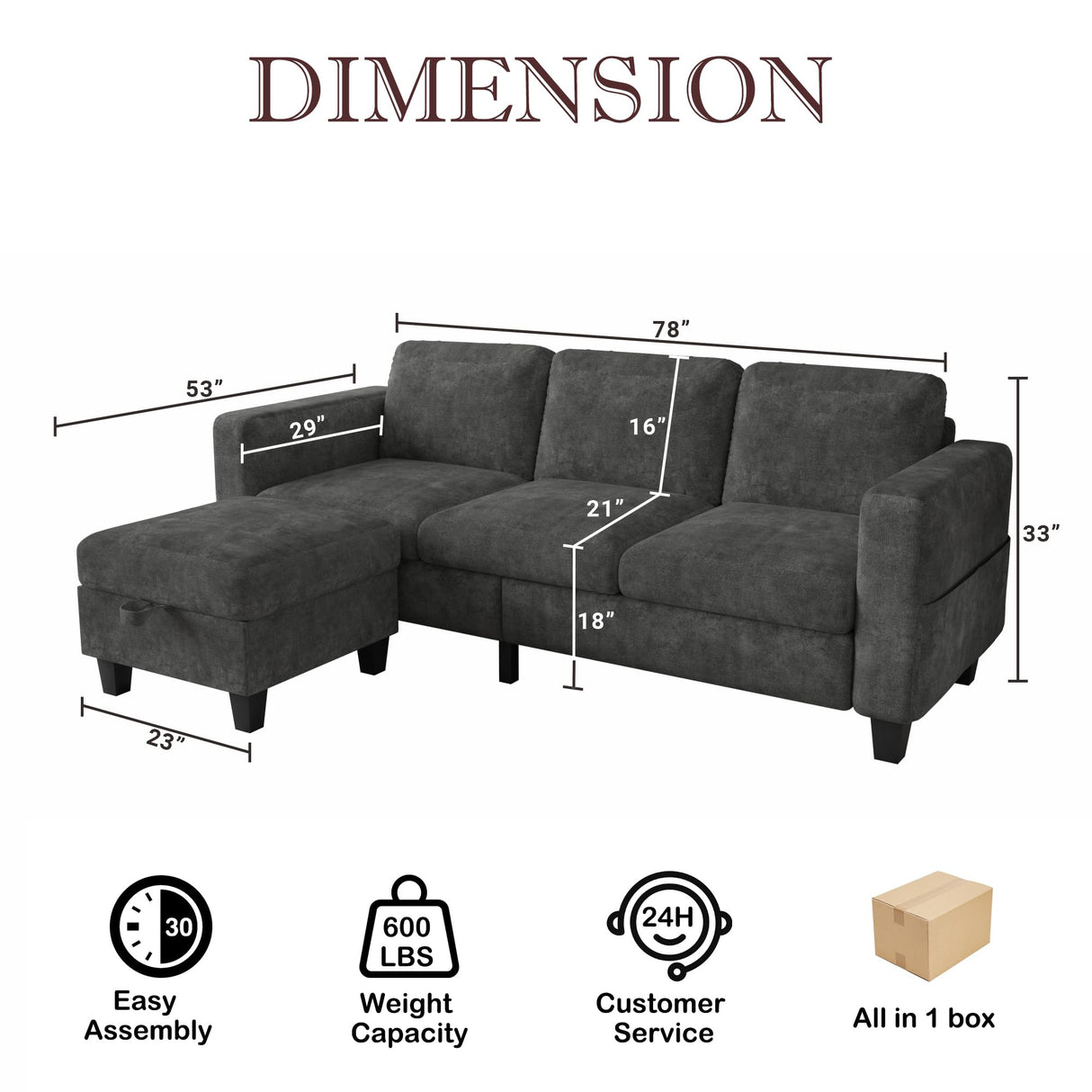 Couch for Living Room - Small Space Couches Sectional L-Shaped Sofa, 3 Seat Modern Couch, Sofas Convertible with Storage Ottoman for Small Space, Bedroom, Offices and Apartments - Grey Grzyhem