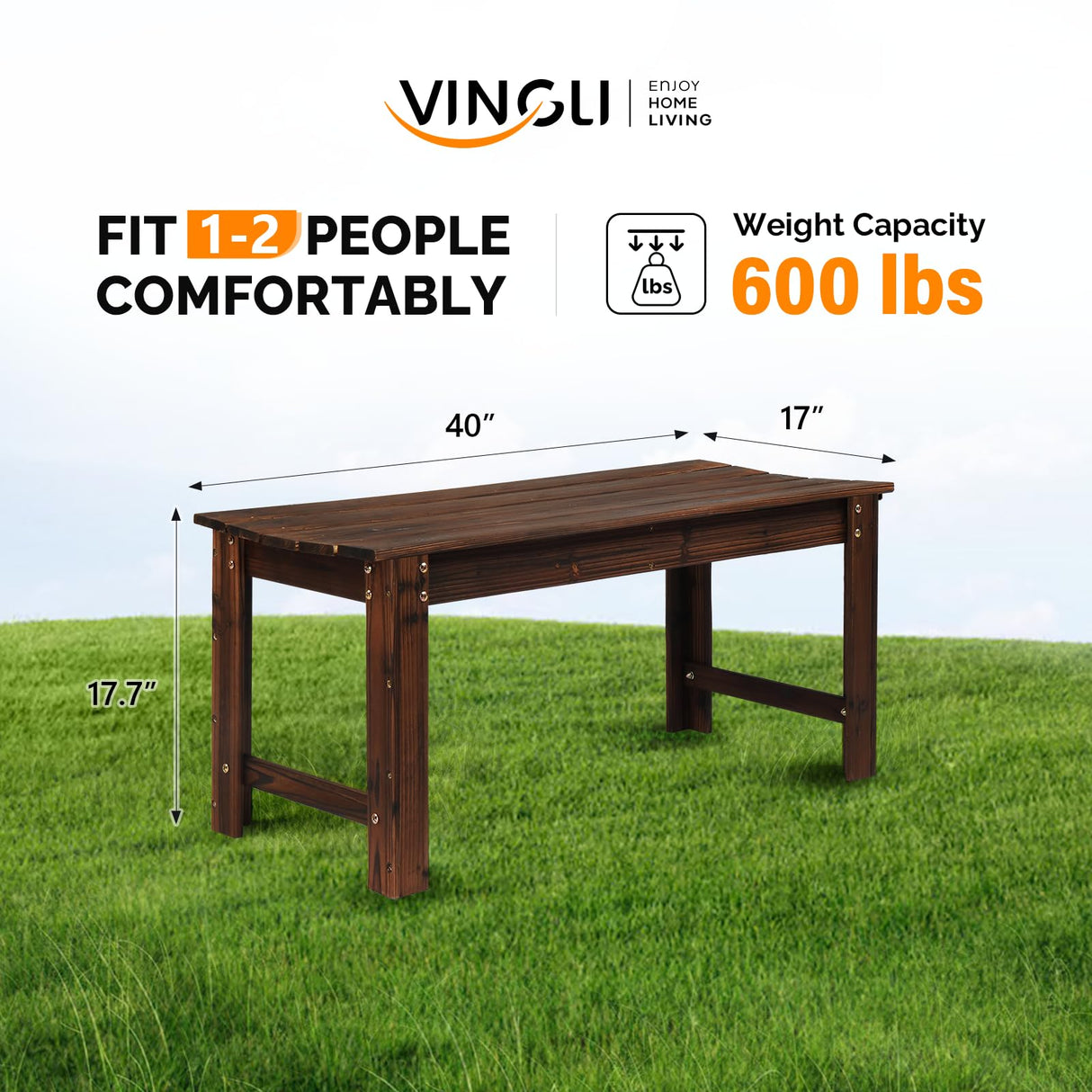 VINGLI Outdoor Wood Bench, 40" Outdoor Bench Patio Wooden Bench Garden Bench Outdoor Backless Bench for Deck Patio (Carbonized) VINGLI