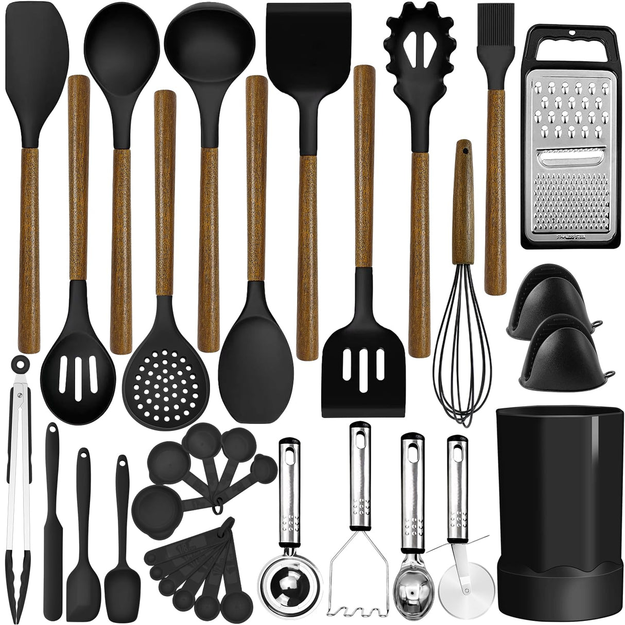 Kitchen Cooking Utensils Set-446°F Heat Resistant Silicone Kitchen Utensils for Cooking-34 Piece Kitchen Set with Natural Acacia Wooden Handles and Holder, BPA FREE for Non-Stick Cookware (Black) BESTZMWK