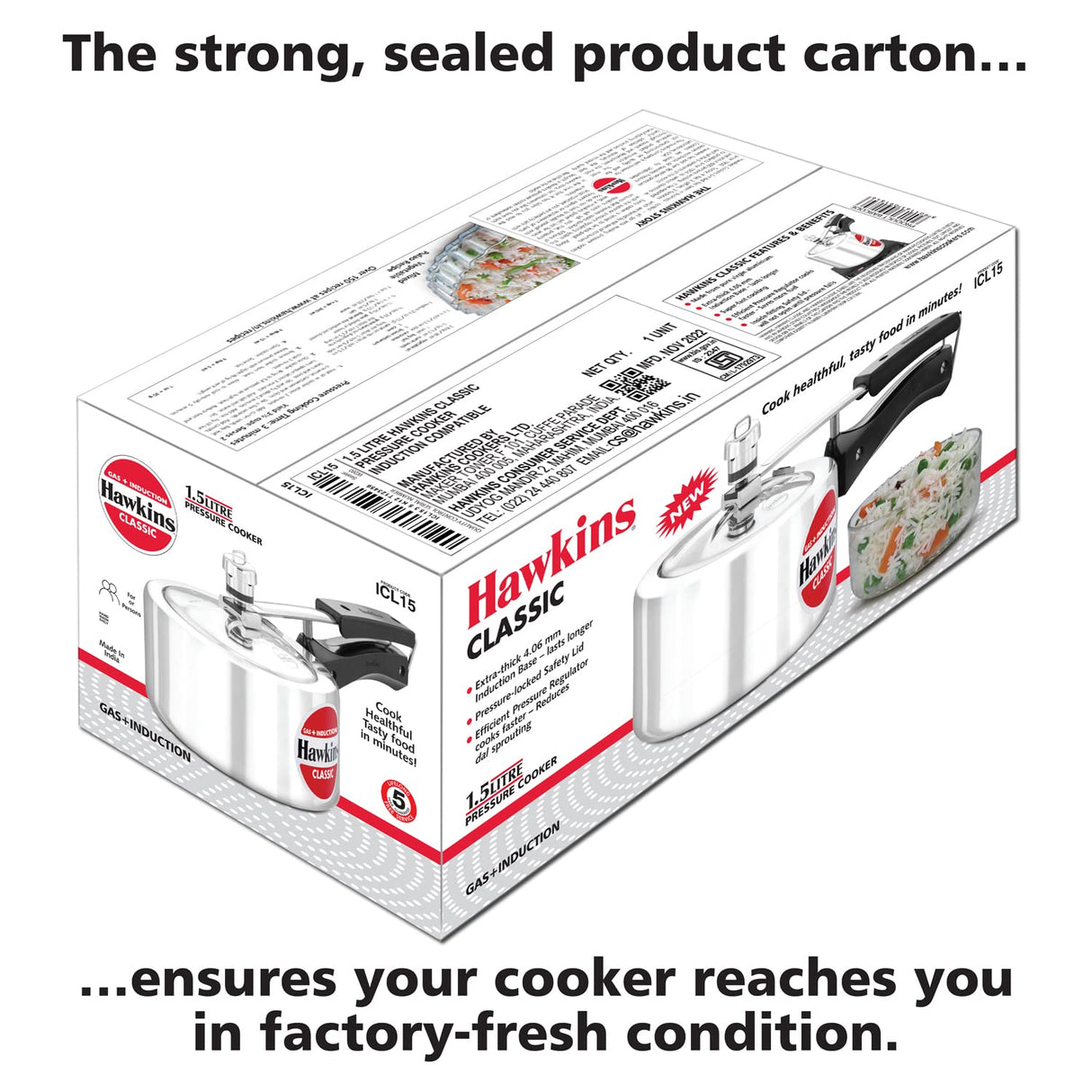 Hawkins 1.5 Litre Classic Pressure Cooker, Induction Inner Lid Cooker, Pan Cooker, Best Cooker, Silver (ICL15) HAWKINS