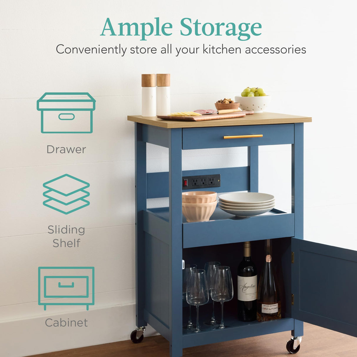 Best Choice Products Rolling Kitchen Island Cart, Single Door Cabinet w/Drawer, Sliding Tray, Hidden Outlet, Hooks, & Lockable Wheels - Slate Blue Best Choice Products