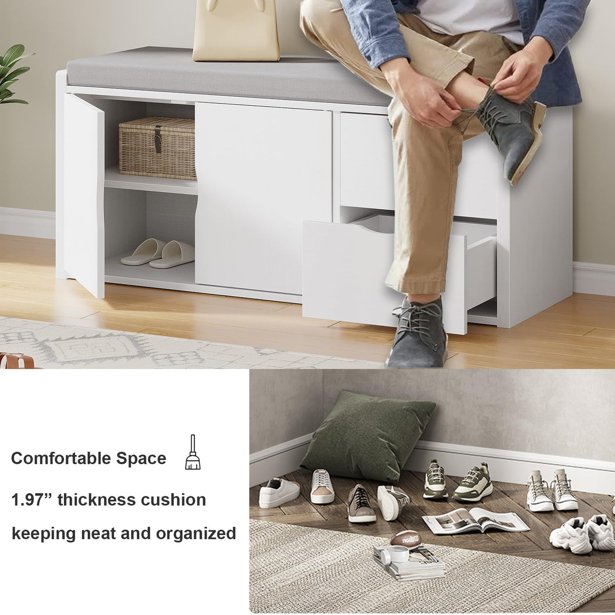 LVB Storage Entryway Bench, Long Shoe Bench with Drawers Storage Shelf, Modern Entry Way Bench with Padded Cushioned Seating, Wood Shoe Rack Bench for Foyer Entrance Living Bedroom, White Oak, 40in LVB