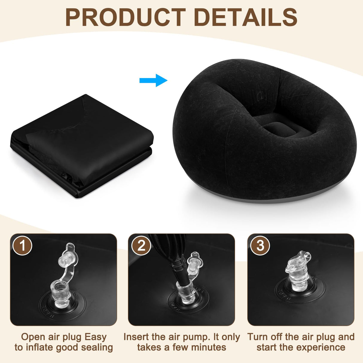 Realspring Inflatable Bean Bag Chairs for Adult Blow up Chairs Lazy Sofa Folding Portable Inflatable Chair for Movie Outdoor Room Bedroom Reading Camping(Black) Realspring