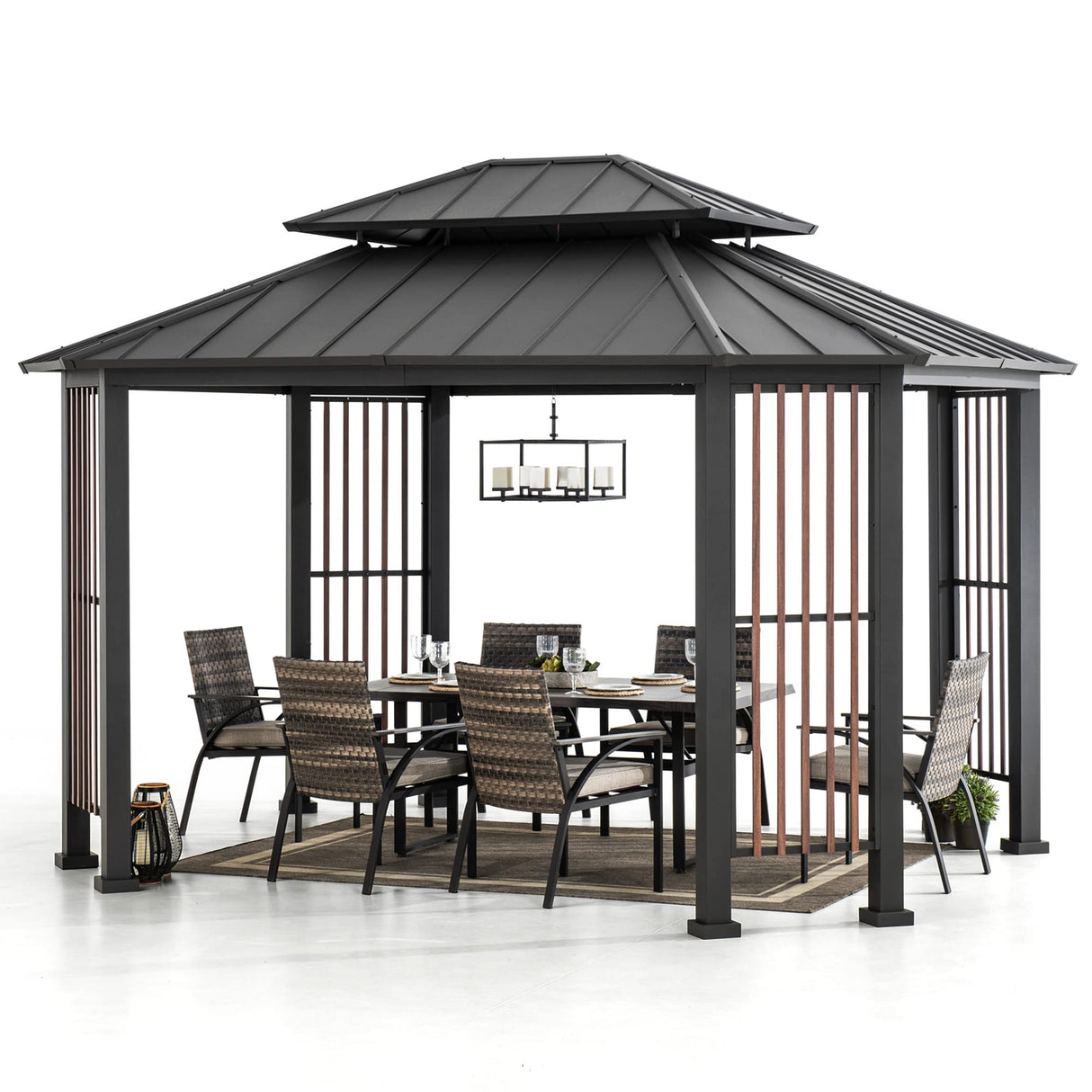 Sunjoy 11 x 13 ft. Hardtop Gazebo Outdoor 2-Tier Steel Hardtop Metal Gazebo with Dual Rails and Ceiling Hook, Suitable for Patio & Backyard by SummerCove, Grey Sunjoy