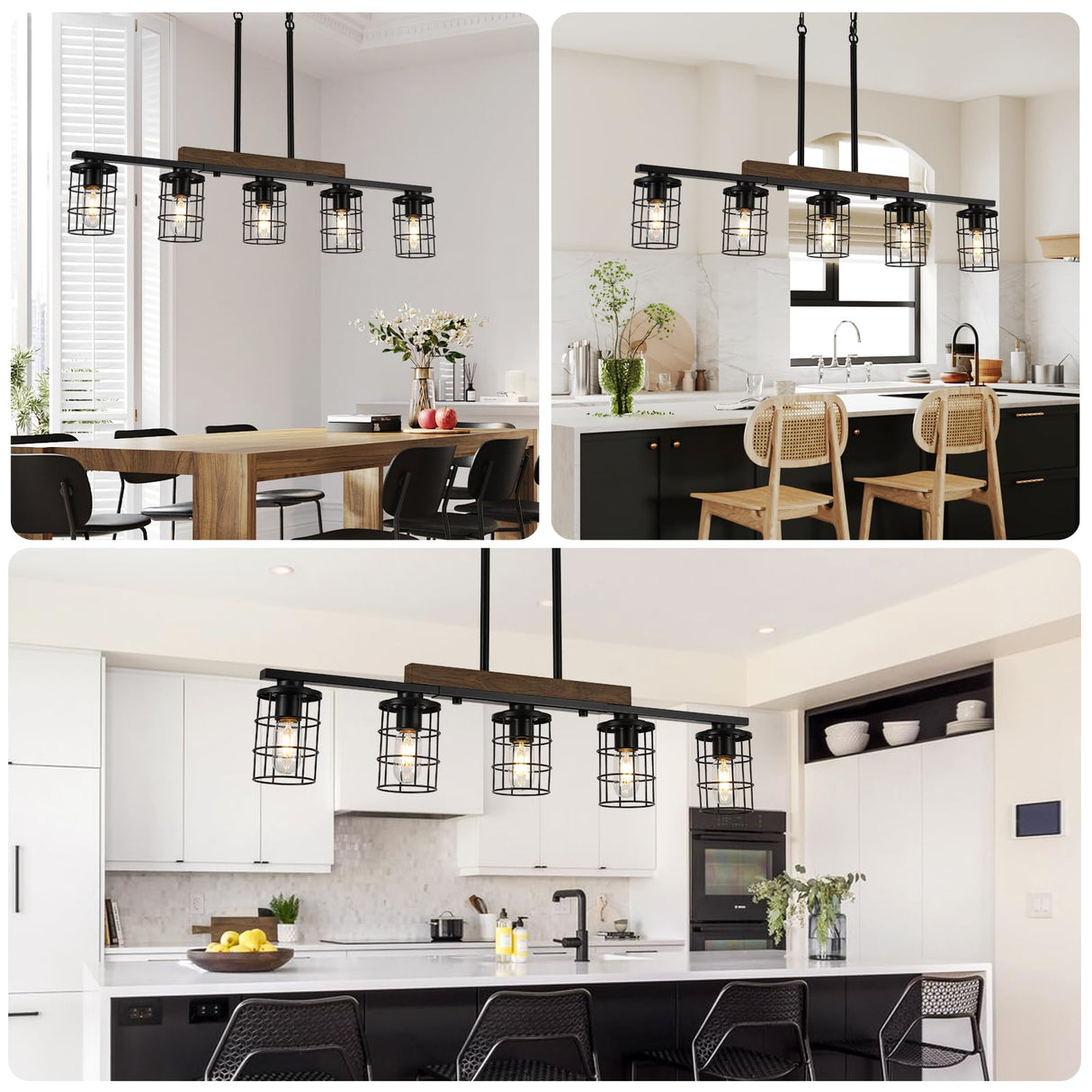 LmnLvn Dining Room Light Fixture/Chandelier Over Table, 36.2-Inch Hanging for Farmhouse Linear Chandeliers,5-Light Kitchen Island Lighting, Black Rustic Wooden Ceiling Chandelier,with Metal lampshade LmnLvn