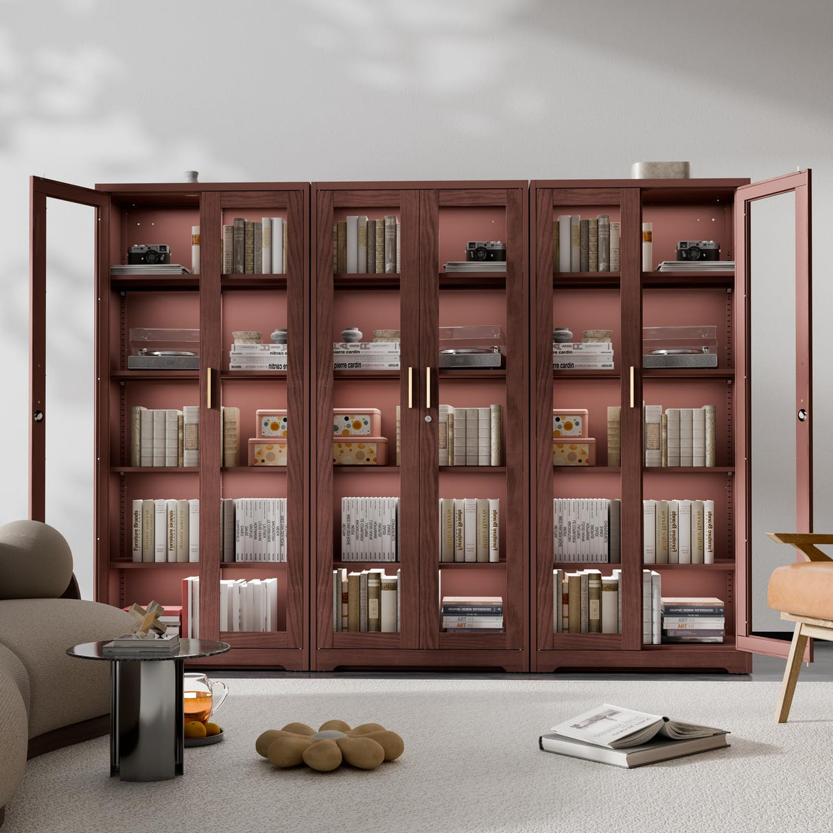 Kubohogar Display Cabinet with Glass Doors,71" Metal Curio Cabinets with 4 Adjustable Shelves, 5 Tier Display Case for Collectibles, Metal Storage Cabinet, Brown Kubohogar