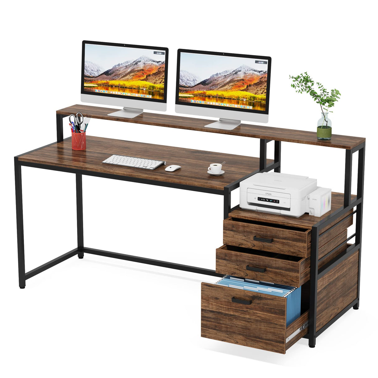 Tribesigns 63 Inch Computer Desk with File Drawer Cabinet, Ergonomic Office Desk with Monitor Stand, Industrial Computer Table with Printer Space, Wood PC Table Workstation Desk for Home Office Tribesigns