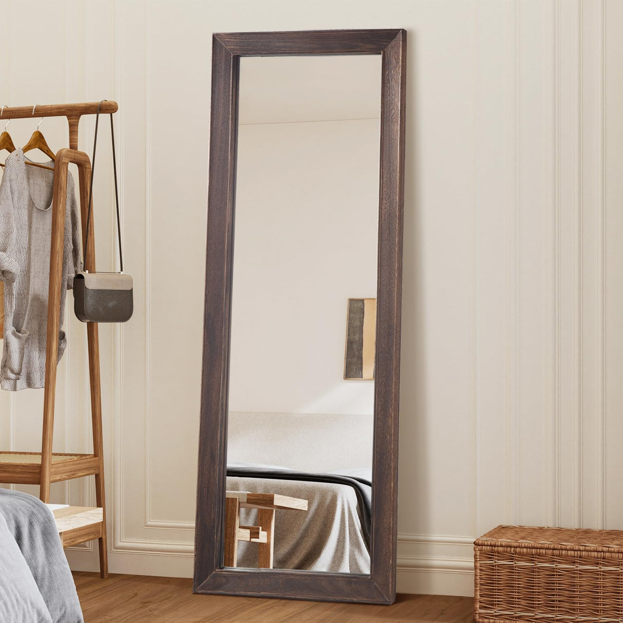 MirrMyst Rustic Farmhouse Full Length Mirror, 64"x21" Wood Frame Floor Mirror, Free Standing Mirror Leaning Wall Mirror Full Length, Full Body Mirror for Bedroom Living Room Cloakroom, Brown MirrMyst
