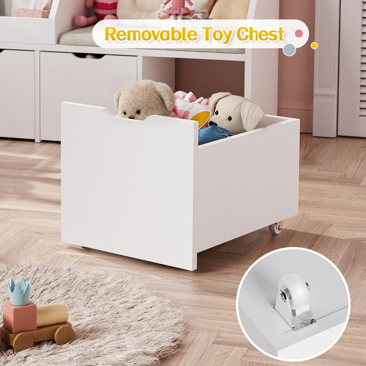 40" Kids Reading Nook with Bench, Toy Storage Organizer and Bookshelf with Seat Cushion, Kids Bookshelf with 3 Movable Drawers, Toy Storage Box on Wheels, Ideal for Nursery, Playroom, Bedroom, White Teckid