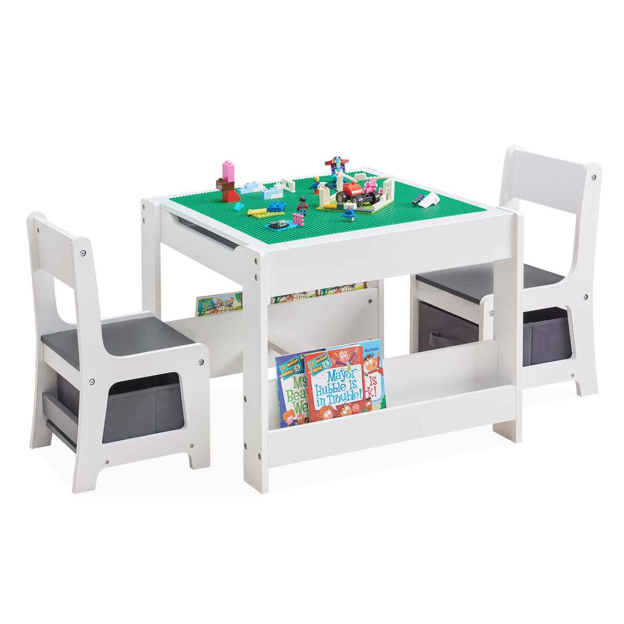 GABHX Kids Table and Chair Set, 3 in 1 Wooden Activity Table with Bookshelves and Storage Drawer, 2 in 1 Detachable Tabletop Construction Play Table Set for Drawing, Reading, Build Blocks GABHX