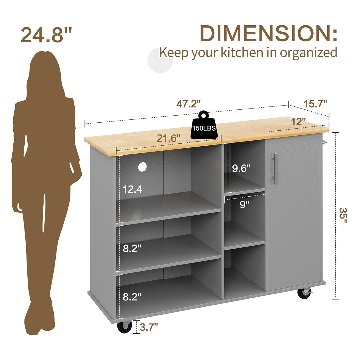 SUNLEI Kitchen Island on Wheels with Storage Cabinet & Drawer, 47.2" Large Kitchen Cabinet with Open Shelves, Cart Handle for Towel Rack or Free Mobility, Portable Islands for Kitchen(Grey) SUNLEI