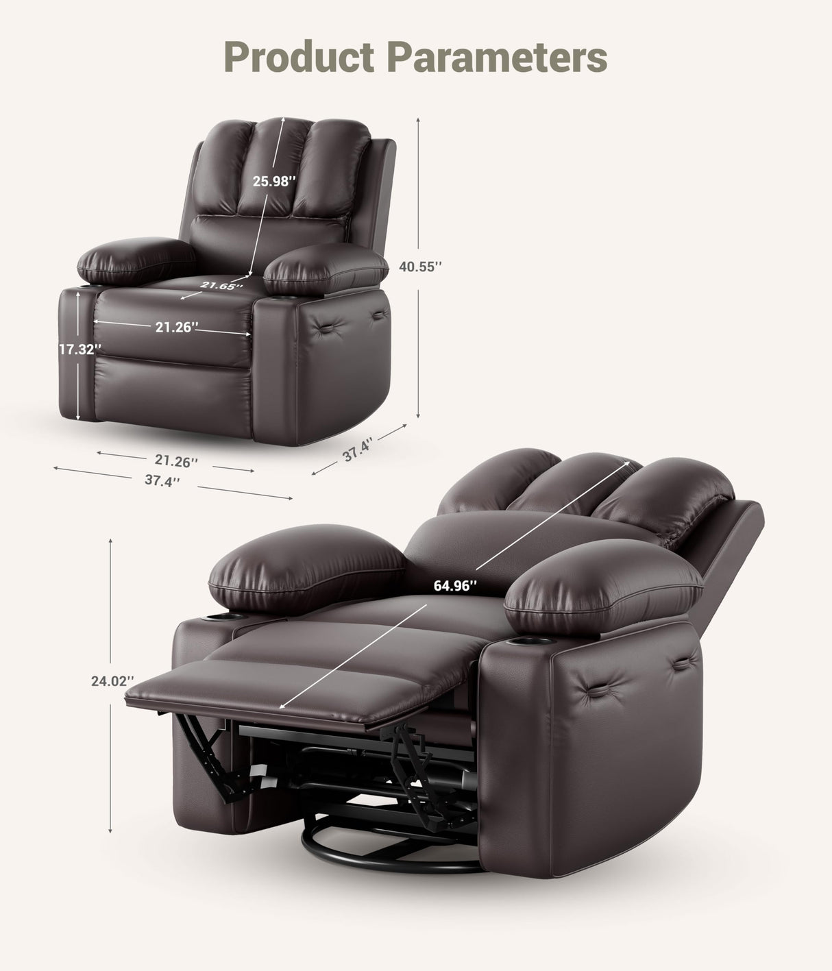 FinerFurnis Large Leather Manual Recliner Chair with Comfortable Arms and Built-in Cup Holders, Spacious 21.2 Inch Seat Width, Perfect for Living Room Relaxation and Entertainment FinerFurnis
