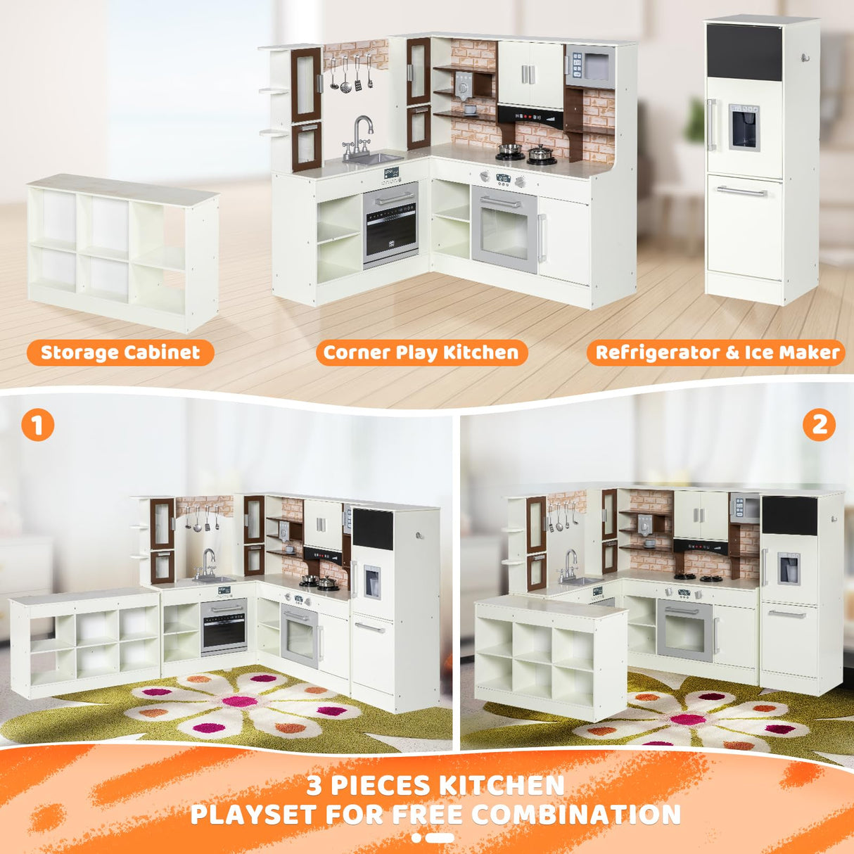 BRINJOY 3-Piece Kids Kitchen Playset, Walk-in Wooden Play Kitchen Set for Toddlers, Modular Pretend Play Kitchen w/Light&Sound, Large Corner Kitchen Cooking Toy w/Coffee Capsule, Gift for Girls Boys BRINJOY