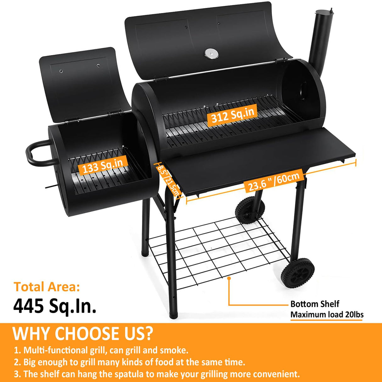 445 Square Inches Charcoal Grill with Offset Smoker, Leonyo Large Barrel Charcoal Grills with Smoker Cover, Chimney Starter for Outdoor BBQ Camping, Black Leonyo