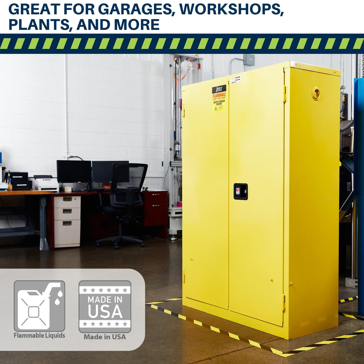Jamco 90 Gallon Flammable Safety Cabinet, Steel Flammable Storage Cabinet with Lockable Self-Closing Doors, Non Forkliftable, 43" x 34" x 65", Yellow Jamco