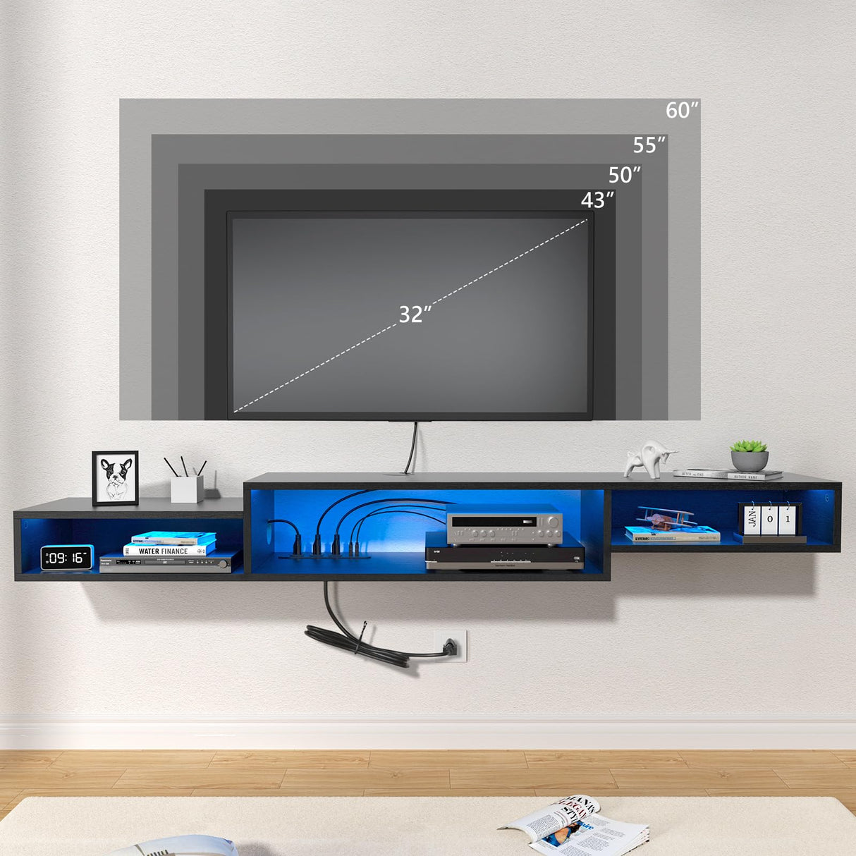 FABATO 71'' Floating TV Stand with LED Light Power Outlet, Floating Shelf for Under TV Wall Mount with Storage Shelf, Media Console Entertainment Center for Living Room, Black FABATO