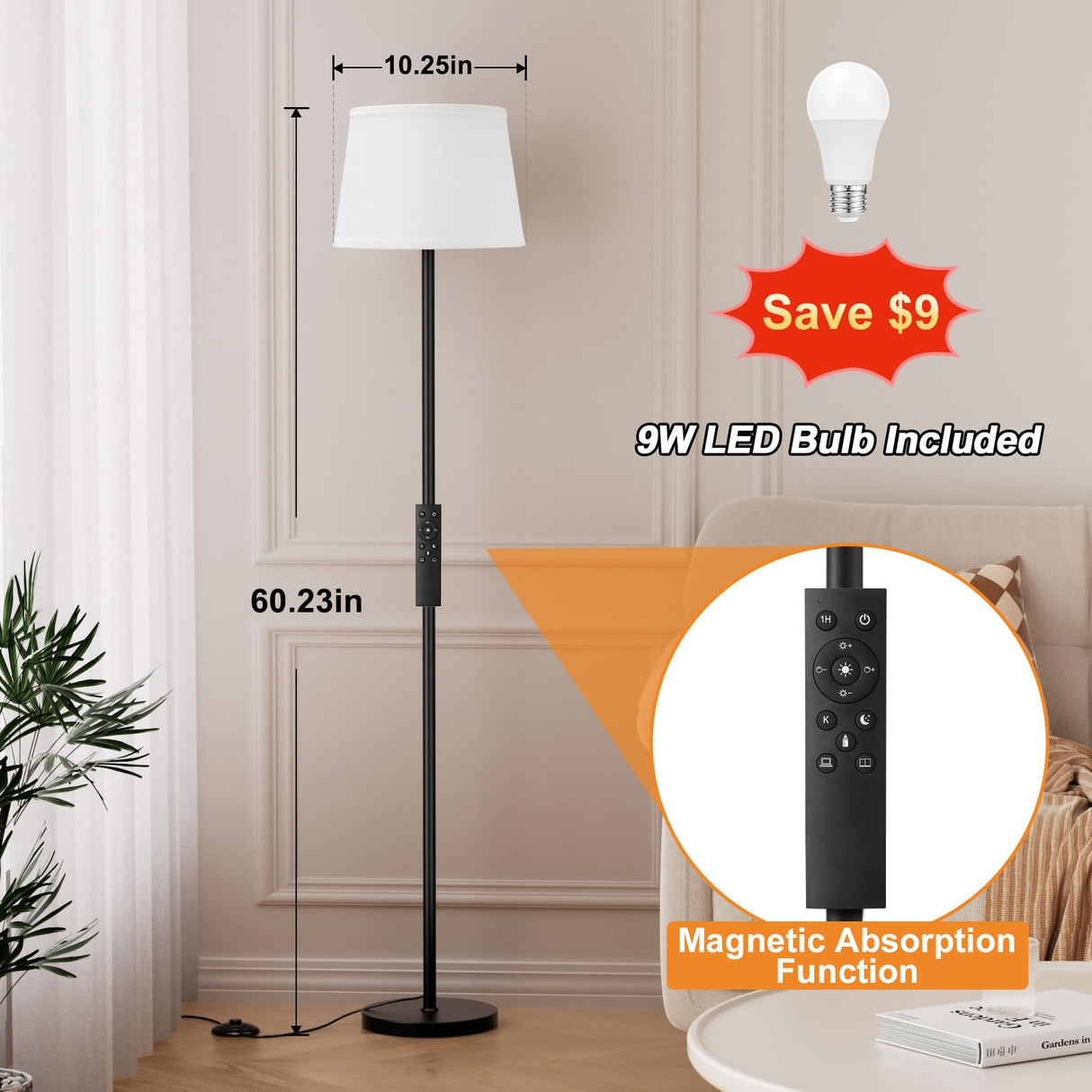 Raexpectis Modern Floor Lamp with Adjustable Brightness, Remote Control, Black, LED Bulbs, White Shade, Foot Switch, Easy Assembly Raexpectis