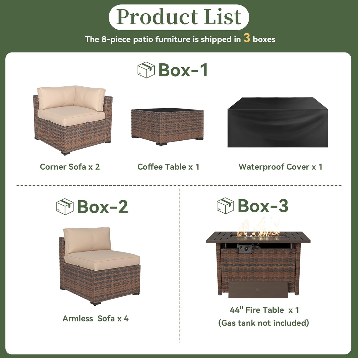 Aoxun 8 Piece Patio Furniture Set with 44” Fire Pit Table Wicker Rattan Outdoor Sectional Sofa Set with Coffee Table and Thickened Cushions, Beige (Waterproof Cover Included) Aoxun