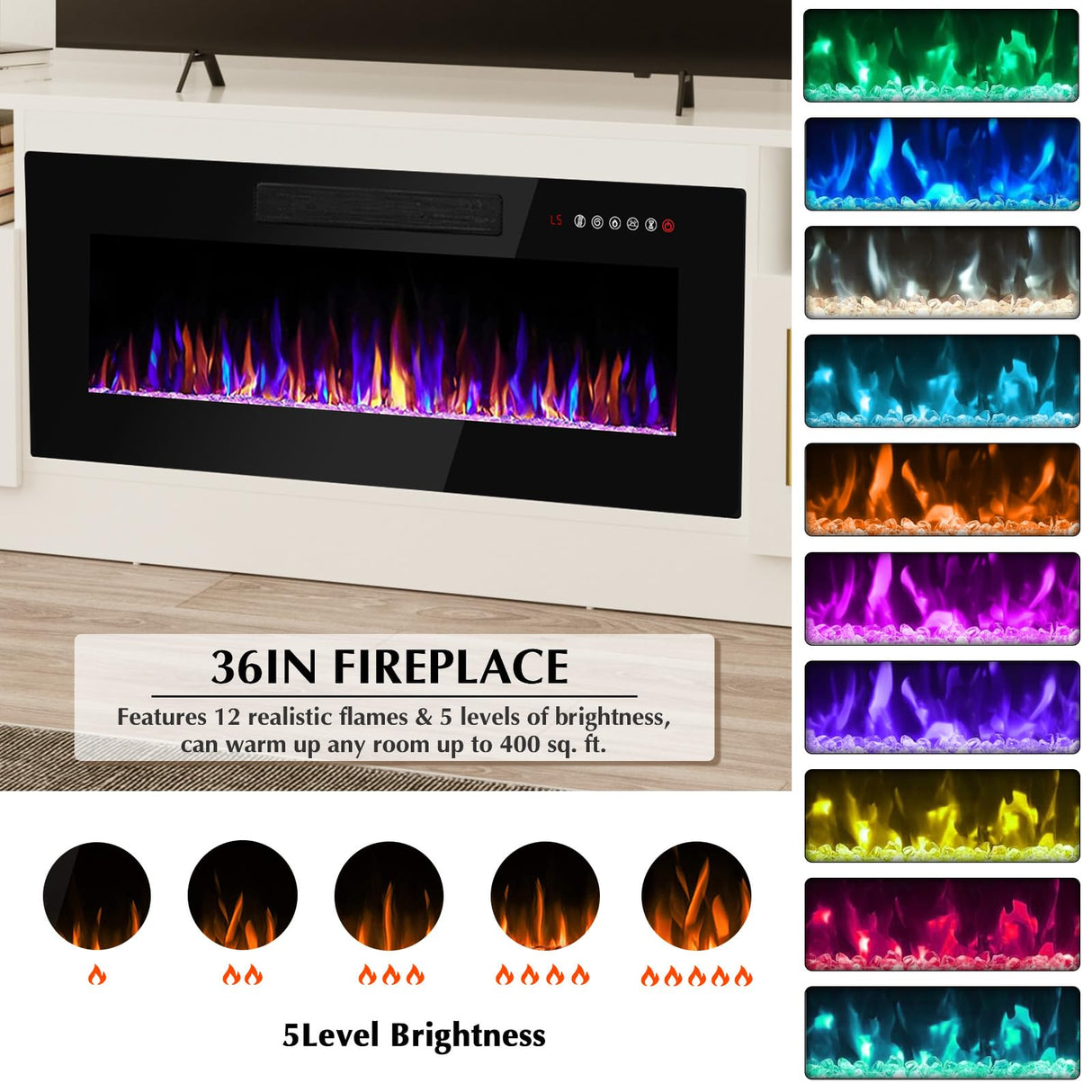 Lemberi Fireplace tv Stand with 36 inch Fireplace Up to 80" TVs,LED Light Entertainment Center and Storage, 70" Modern Wood Media TV Console with Highlight Cabinet for Living Room LEMBERI