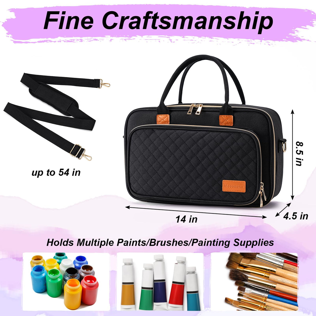 Mecozone Acrylic Paint Organizers Fits up to 54 Bottles 2 oz, Acrylic Paint Carry Case with Shoulder Strap for Art Supply Storage, Black Mecozone