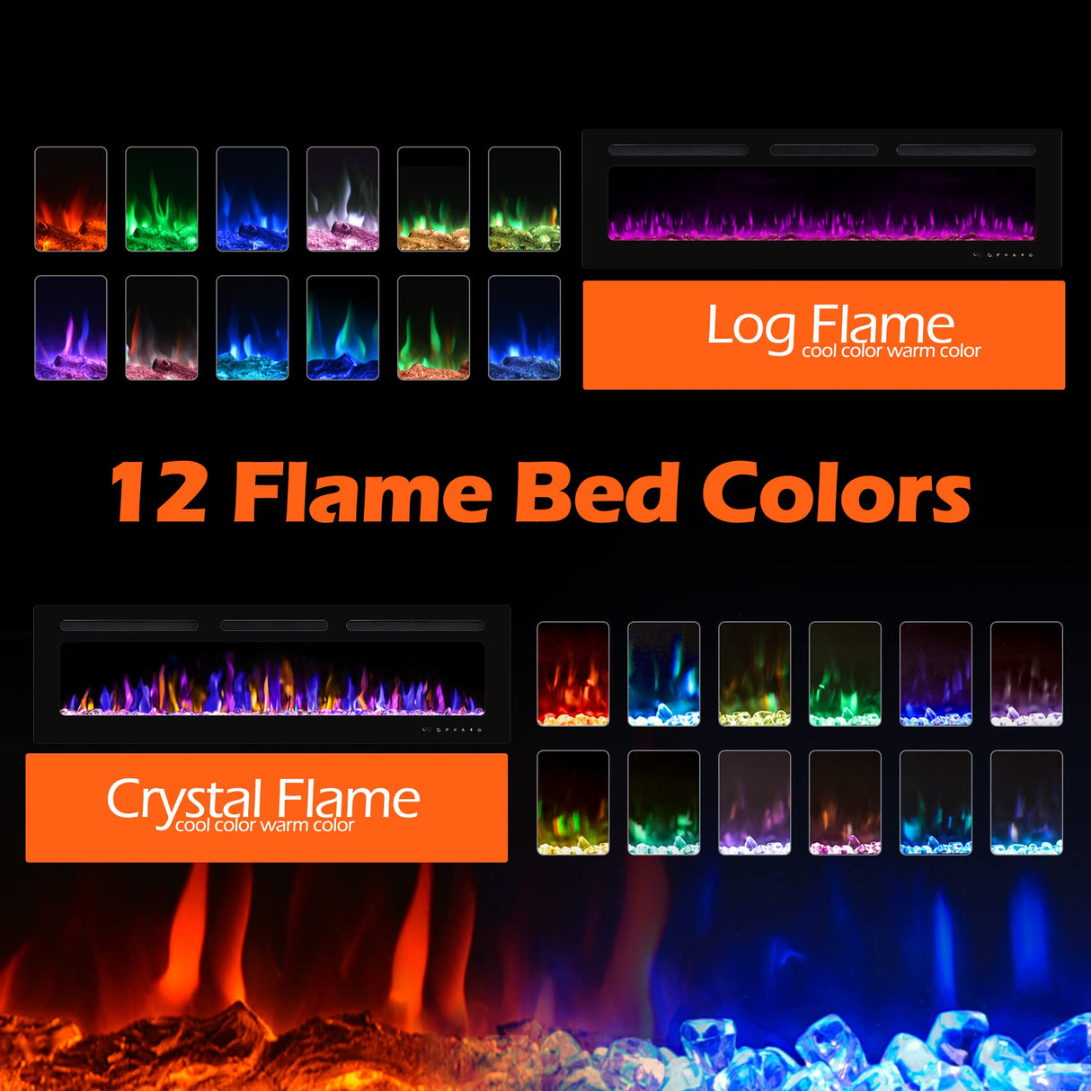 BETELNUT 68" Electric Fireplace Wall Mounted and Recessed with Remote Control, 750/1500W Ultra-Thin Wall Fireplace Heater W/Timer Adjustable Flame Color and Brightness, Log Set & Crystal Options BETELNUT