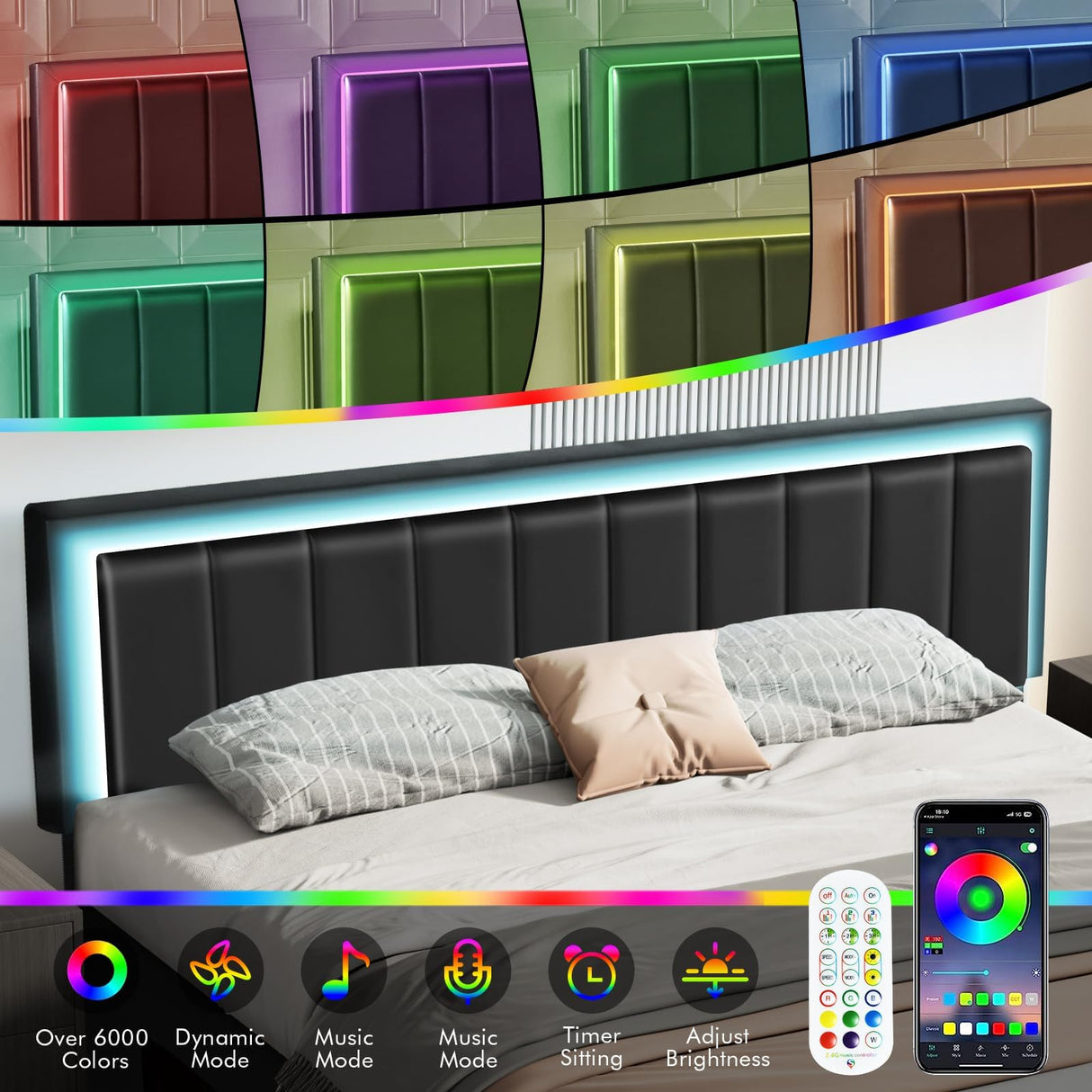 IMMERSTABLE King Size Upholstered Bed Frame with LED Lights and Storage IMMERSTABLE