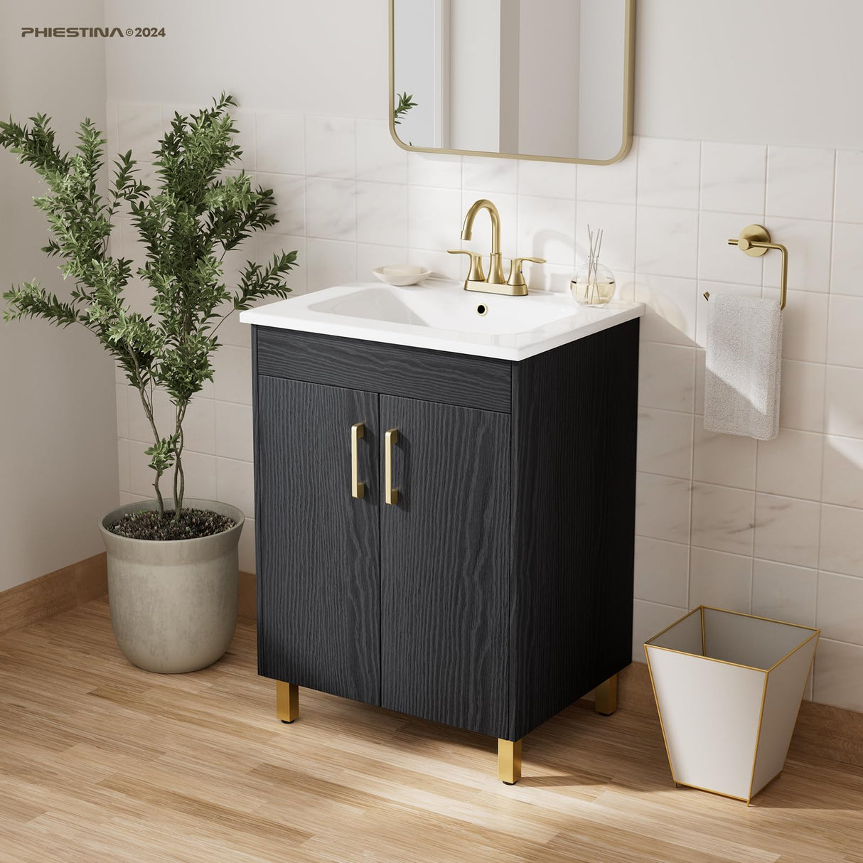 phiestina Fully Pre-Assembled Black 24 Inch Bathroom Vanity with Single Ceramic Countertop Sink Combo, 2 Soft Close Doors Bathroom Cabinet Set, Faucet Not Included,BV01-BLACK-JH phiestina