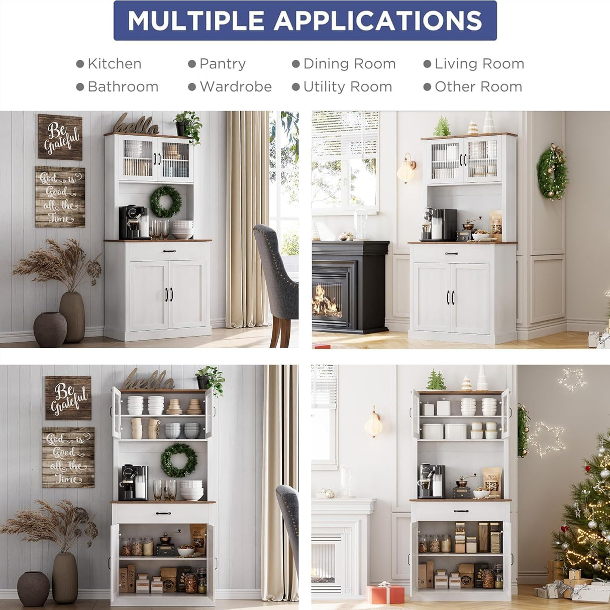 GarveeHome Kitchen Pantry Cabinet, 71" Tall Kitchen Hutch Storage Pantry with Microwave Stand, Freestanding Buffet with Shelves and Glass Doors for Home Dining Room, White GarveeHome