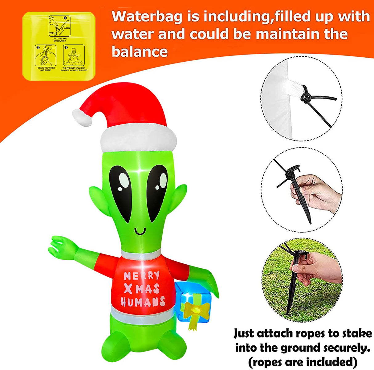 JOYEASE 4 FT Christmas Inflatables Alien with Gift Box Decorations LED Lighted Xmas Christmas Blow up Yard Decorations for Party Indoor Outdoor Garden Decor JOYEASE
