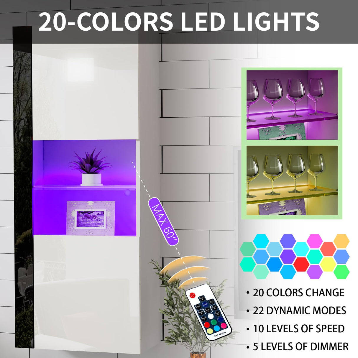 AMERLIFE Wall Storage Cabinets with LED Lights, Modern High Gloss Hanging Cabinets with 4 Closed Doors & Open Glass Shelves, for Living Room/Bedroom/Office, White(Set of 2) AMERLIFE