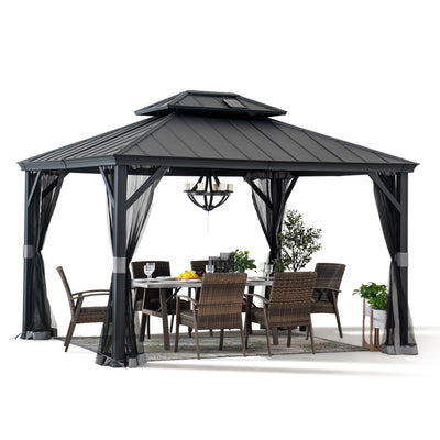 Sunjoy Hardtop Gazebo 10 x 12 ft. Outdoor Patio Aluminum Frame Gazebo with Solar Panel, 2-Tier Steel Hardtop Backyard Gazebo with Netting and Ceiling Hook, Black